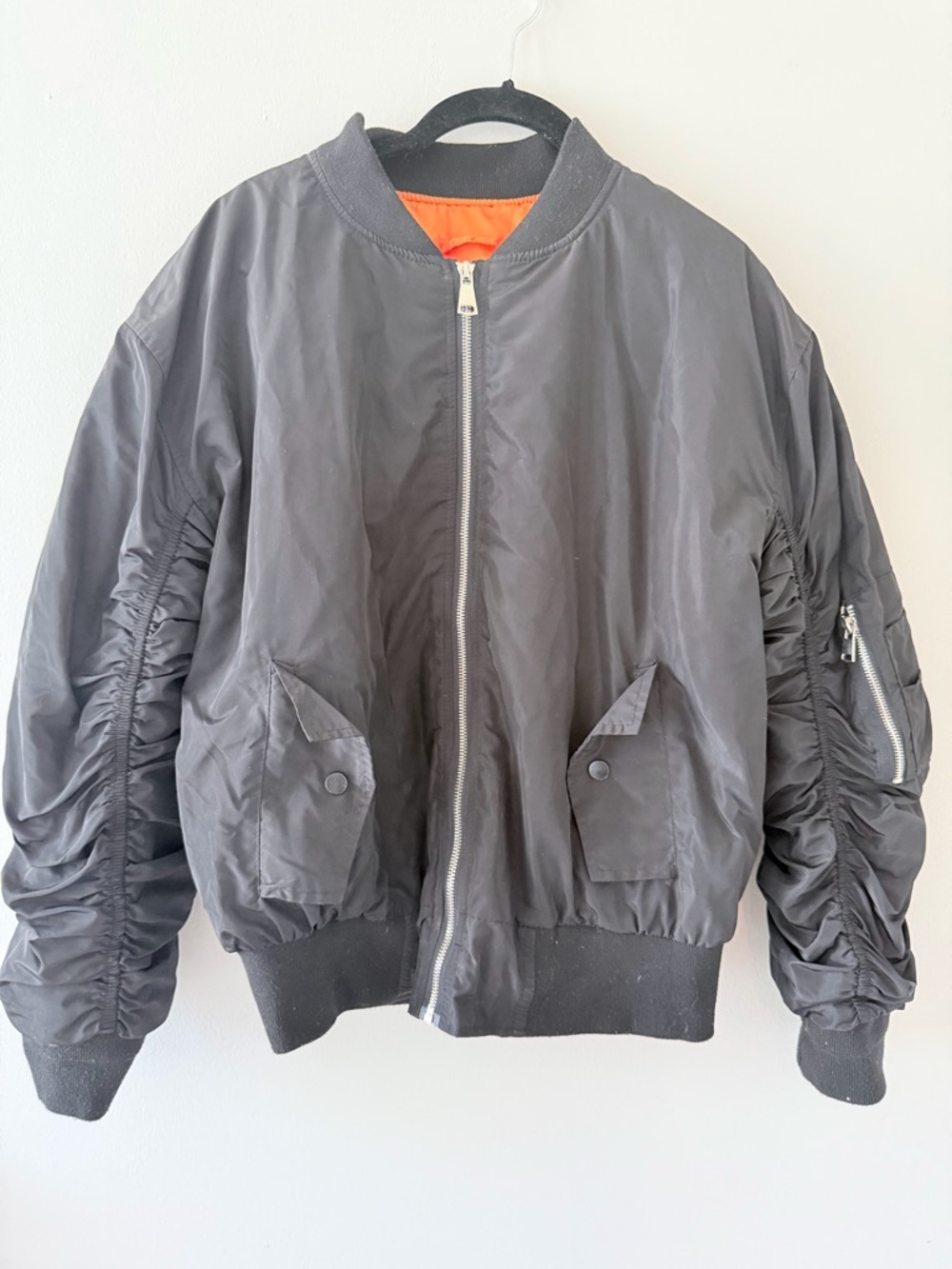Men's Black Bomber Jacket with Orange Lining